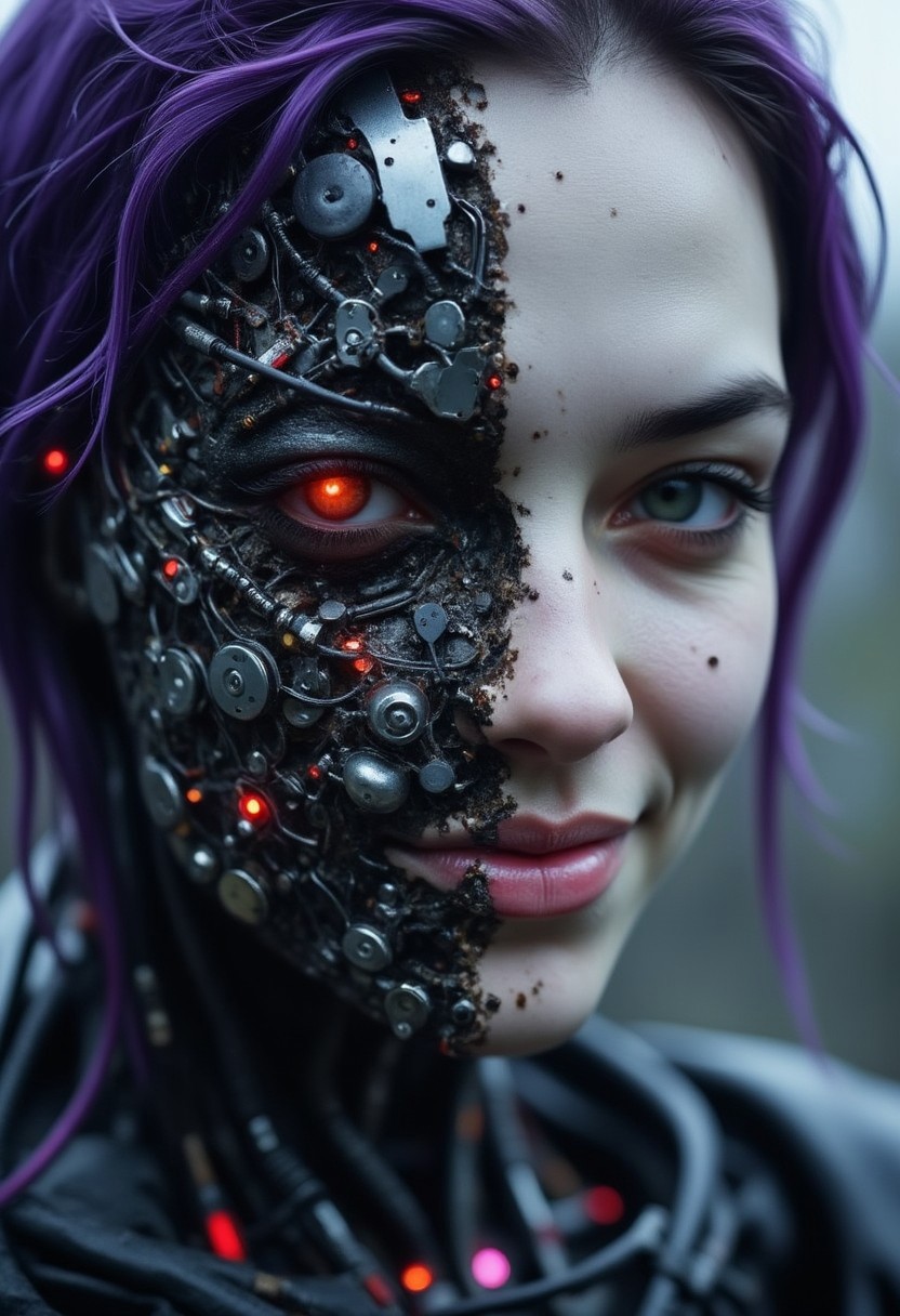 wired-cyborg, biomechanical, high quality photography of a woman's face, split down the middle, showcasing two distinct halves. The left side of her face is a mechanical construct, resembling a futuristic cyborg or android, with intricate circuitry and wires visible beneath her skin. The mechanical half is a dark, metallic color with glowing red circuitry and numerous tiny, glowing red lights, giving it an eerie, otherworldly appearance. The right side of her face is human, with pale, almost deathly skin, sci-fi horror aesthetic. Purple hair, smirk
