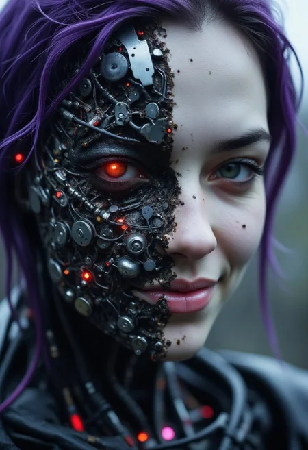 wired-cyborg, biomechanical, high quality photography of a woman's face, split down the middle, showcasing two distinct halves. The left side of her face is a mechanical construct, resembling a futuristic cyborg or android, with intricate circuitry and wires visible beneath her skin. The mechanical half is a dark, metallic color with glowing red circuitry and numerous tiny, glowing red lights, giving it an eerie, otherworldly appearance. The right side of her face is human, with pale, almost deathly skin, sci-fi horror aesthetic. Purple hair, smirk