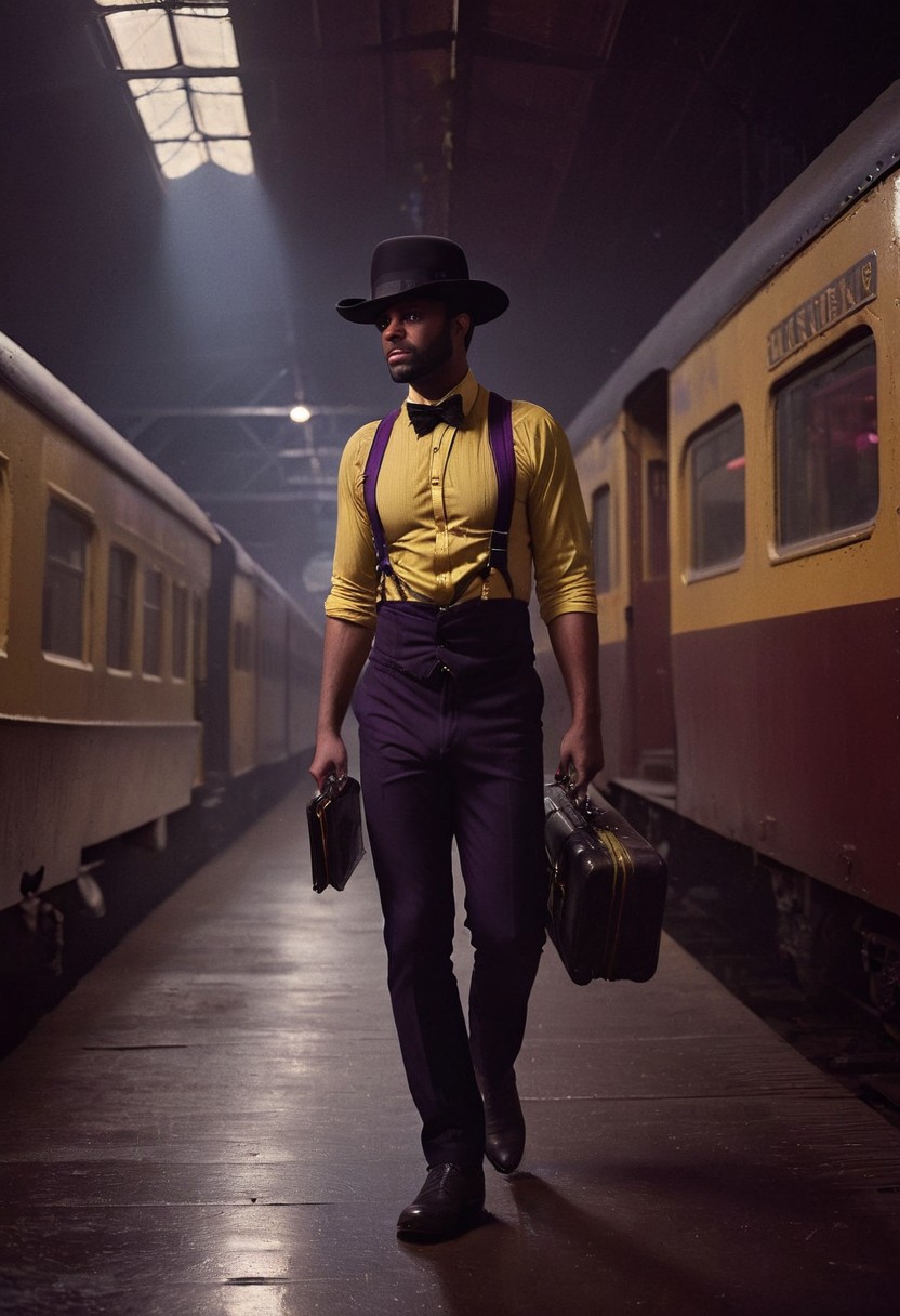 cinematic shot of gang walking in a grand 1800s railroad station, dirty 1970s philadelphia, menacing gaze, wearing black-pants, yellow suspenders, red bow tie, high dark purple cowboy hat, black and white eyes and cheeks, glitter blue-shirt, dramatic shadows, high resolution, carrying guitar cases