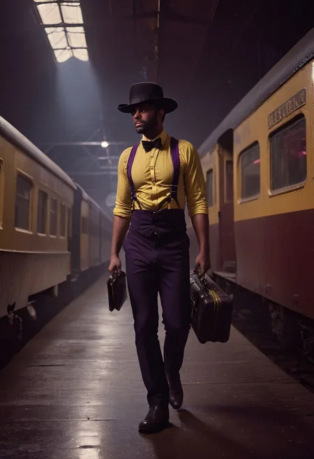cinematic shot of gang walking in a grand 1800s railroad station, dirty 1970s philadelphia, menacing gaze, wearing black-pants, yellow suspenders, red bow tie, high dark purple cowboy hat, black and white eyes and cheeks, glitter blue-shirt, dramatic shadows, high resolution, carrying guitar cases