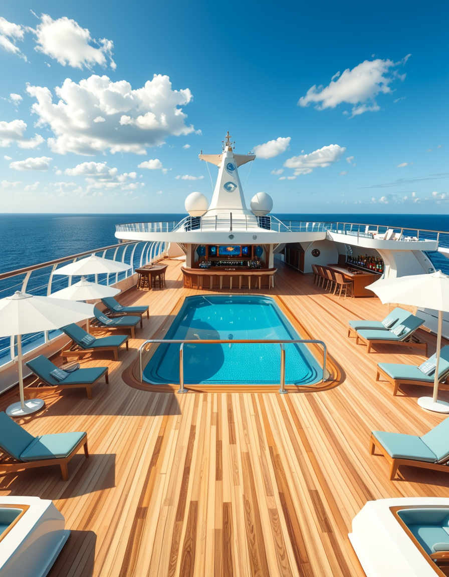A wide, high-resolution view of the upper deck of a modern luxury cruise ship, completely empty of people. The deck features a clean, polished teak wood floor and sleek white railings along the edges. Several neatly arranged lounge chairs line both sides, with large white parasols providing shade. In the center of the deck, a crystal-clear swimming pool reflects the blue sky, with no one in or around it. To one side, a stylish bar area with a curved canopy stands closed, with colorful bottles and barstools neatly arranged. The background reveals the endless ocean meeting the horizon, under a bright, cloud-speckled blue sky. The lighting is natural daylight, casting soft shadows and highlighting the modern, serene, and luxurious ambiance of the cruise ship deck. No signs of human presence â everything is pristine, calm, and ready for guests.
<lora:SDXLFaeTastic2400:0.4> <lora:extremely_detailed:0.4> extremely detailed,<lora:luxury_cru1s3_sh1p:1>,luxury cru1s3 sh1p, Masterpiece,best quality,hi res,8k,hi res,8k,award winning,(sharp focus, intricate, highly detailed),