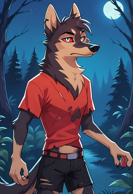 SCORE_9, SCORE_8_UP, SOURCE_FURRY, BREAK, SOLO, HOUNDSONA, SILVER EYES, RED SCLERA, MALE, FURRY, BLACK FUR, FERAL, WILD HAIR, RUGGED, SHREDED SHIRT, RIPPED SHORTS, BREAK, NIGHT, DARK FOREST, HIGH RESOLUTION, VIVID TEXTURES, DETAILED PUPILS