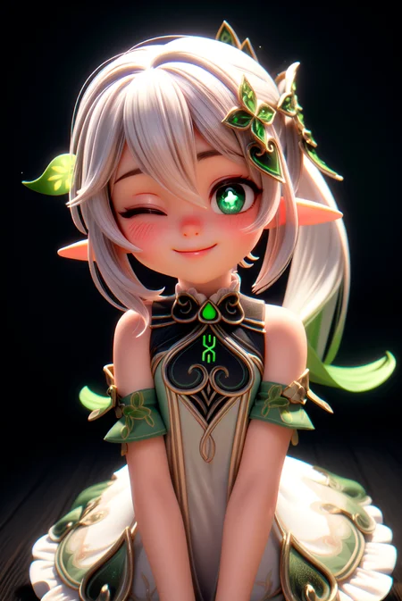 masterpiece, amazing quality, best quality, aesthetic, slender, cute, absurdres, beautiful, detailed eyes, detailed hair, round face, a very delicate and beautiful, nahida_genshin, 3d, render, ponitail, green eyes, one eye closed, smile, high lights, light aura, girl at the center, solo, indoors