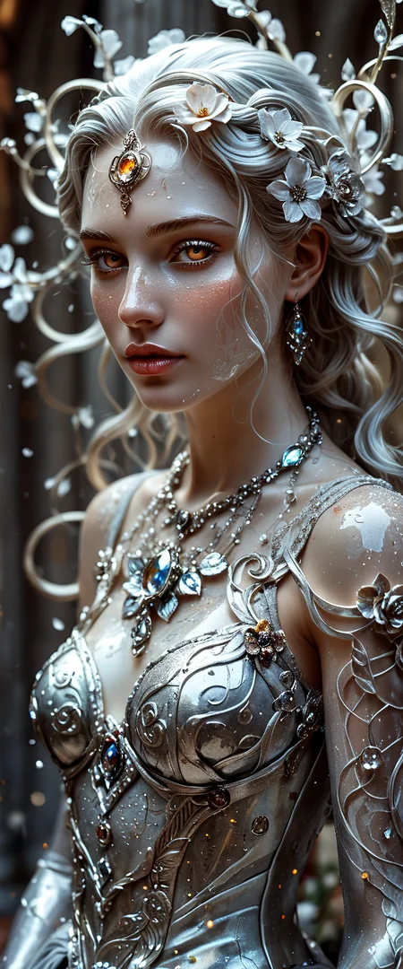 Silver statue of a woman, her skin composed of delicate, textured silver flakes, with chrome and glass flowers intricately woven into her hair, her eyes gleaming with a warm, bluish light, wearing a majestic, windy-blown ornate gown with tattered, silver petals, reminiscent of a dark, dystopian world, her face and shoulders illuminated by a soft, ambient glow, as if radiating an otherworldly energy, in the styles of Royo's dark, mystical realism, Artgerm's hyper-detailed, metallic sheen, and Lovecraft's eerie, atmospheric tension, with meticulous attention to intricate textures, dramatic shading, and a sense of haunting, ethereal beauty.