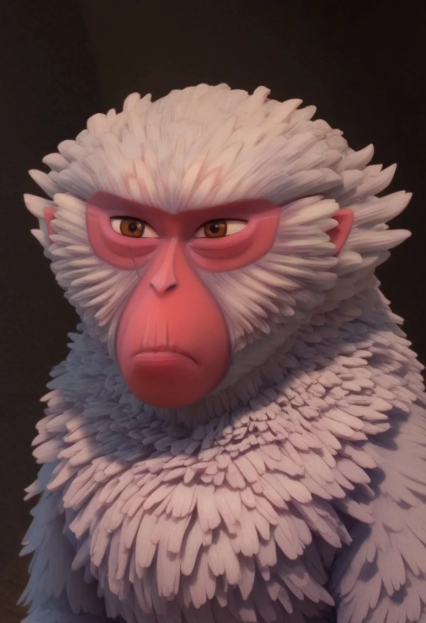 1girl, furry, female japanese macaque, ape, primate girl, anthro, white fur, dark pink skin, pink ears, brown eyes, grey hands, grey feet, Expressiveh, realistic, 3d, score_8_up, score_7_up, BREAK, 1girl, solo, closeup, frown