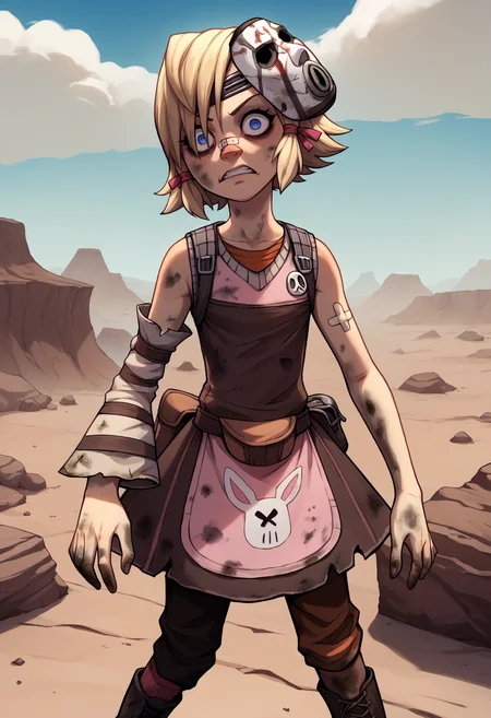 score_9, score_8_up, score_7_up, BREAK
1girl, tinytina, blonde hair, short hair, blue eyes, mask on head, bandaid on nose,
apron, boots, detached sleeves, pants,
crazy eyes, dirty, upper body,desert, canyon, wasteland, blue sky <lora:TinyTinaXL:1>