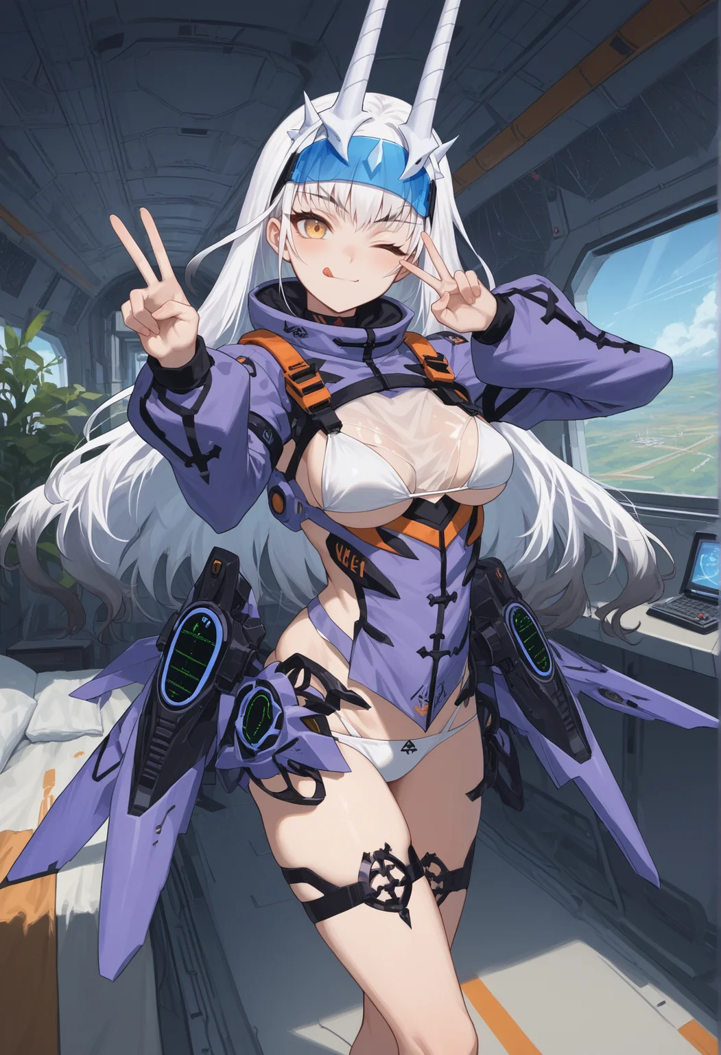 1girl, vforked eyebrows, white hair, long hair, gradient hair, yellow eyes, v-shaped eyebrows, horns, visor, white bikini, detached sleeves, armored bodysuit, high collar, victory pose, victory, wink, :p, tongue out, indoors, spacecraft interior, bed, plant <lora:Melusine_pony_v3:1>, score_9, score_8_up, score_7_up, score_6_up, score_5_up, score_4_up, BREAK source_anime, masterpiece