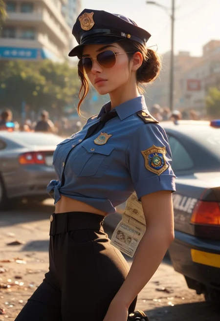score_9, score_8_up, score_7_up, score_6_up, score_5_up, score_4_up, 1girl, police officer, waist up portrait, detailed face, Los Angeles, closeup portrait, sexy, athletic, standing outdoors, petite, side view, looking at viewer, cute, medium, photo, realistic, breasts, police uniform, hair in a bun, brown hair, black boots, aviator sunglasses, serious, black outfit, closeup, writing a ticket, tactical gear, officer’s cap, fully clothed,