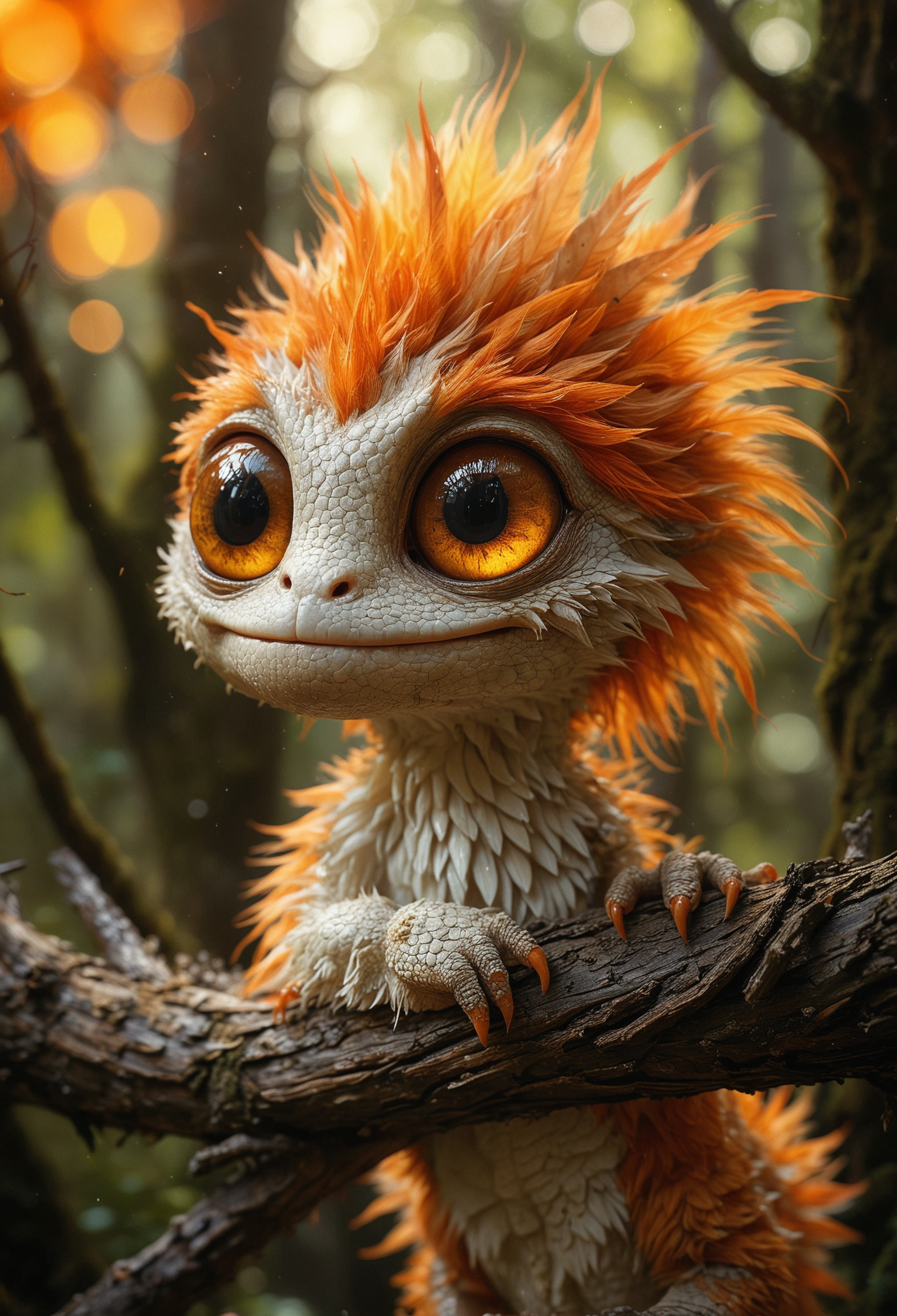 A whimsical creature with a gentle expression, hybrid of reptile and cute monster, lights up the frame, flaunting a fiery orange mane that crowns its soft cream-colored, spike-feathered body, it gazes upwards with large innocent glassy brown eyes, clutching a dark brown branch, against an enigmatic backdrop with soft highlights suggesting a dappled forest ambiance, <lora:MJ52:0.3>, <lora:SDXLFaeTastic2400:0.3>, <lora:detailed_notrigger:0.3>, <lora:add-detail-xl:1>