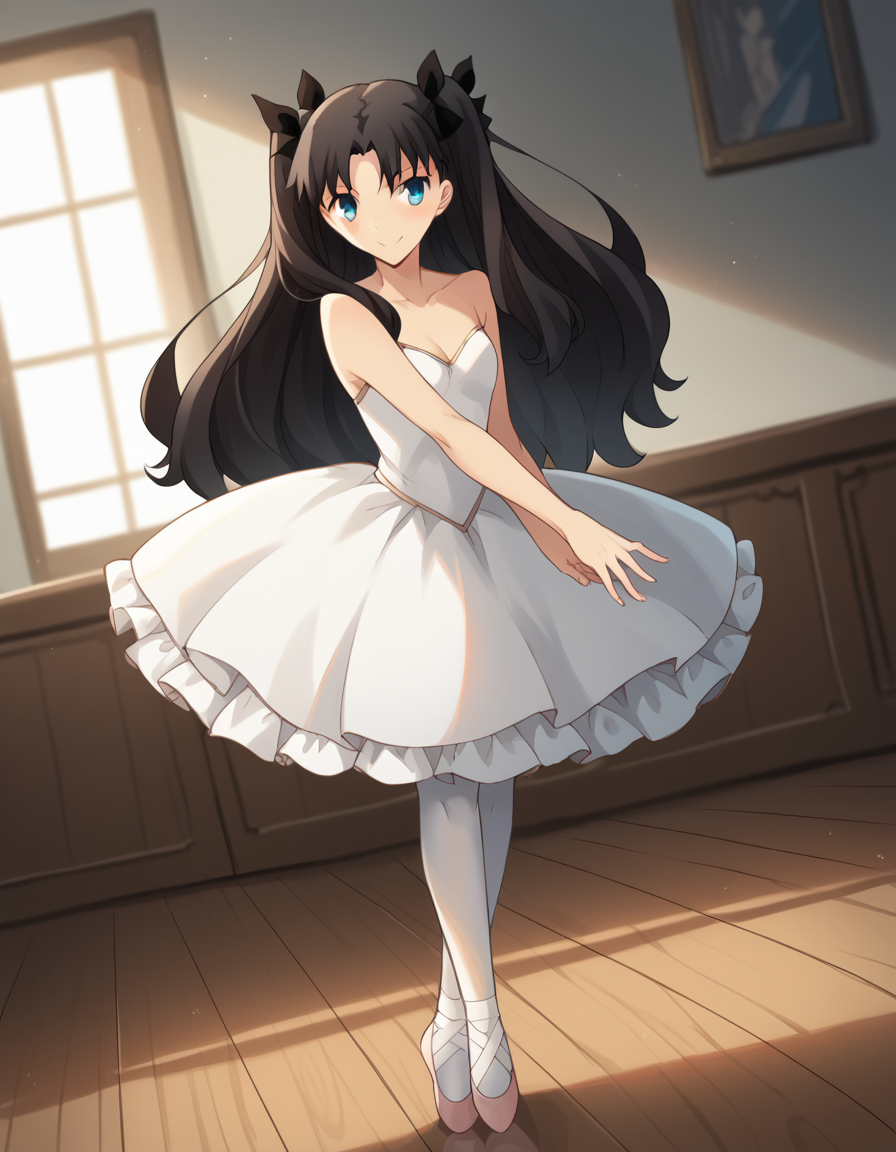 score_9, score_8_up, score_7_up, source_anime, rintohsaka, <lora:rin-tohsaka-ubw-ponyxl-lora-nochekaiser:1>, rin tohsaka, aqua eyes, black hair, hair ribbon, long hair, ribbon, sidelocks, two side up, parted bangs,, <lora:tutu-ponyxl-lora-nochekaiser:1>, tutu, ballerina, ballet, ballet slippers, white pantyhose,, indoors, dancing, smile, blush,, full body, dutch angle, looking at viewer,