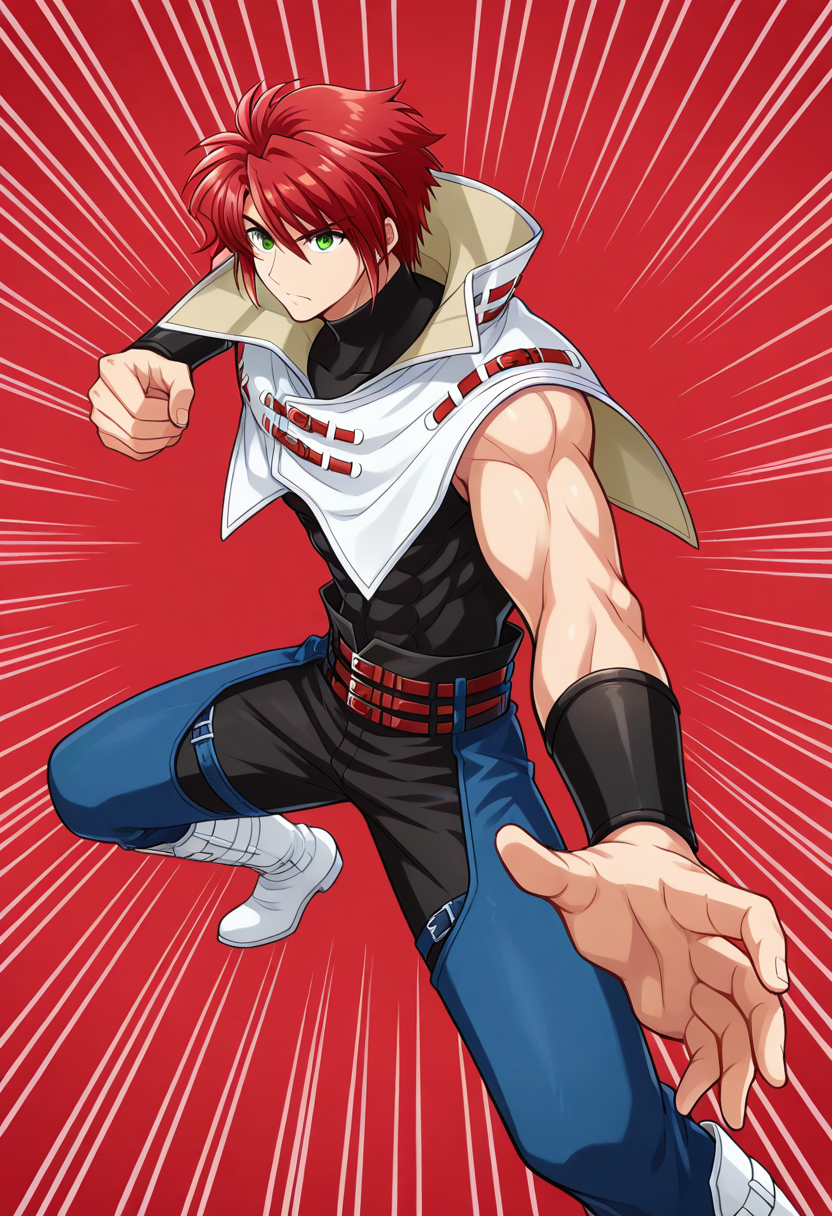 1boy, solo, forukashura, muscular, red hair, short hair, green eyes, capelet, high collar, bracer, sleeveless shirt, sleeveless, turtleneck, belt, pants, chaps, knee boots, fighting stance, red background, emphasis lines,