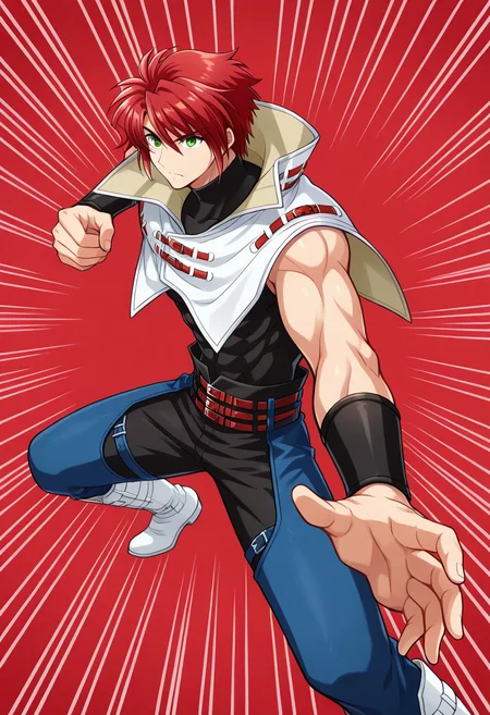 1boy, solo, forukashura, muscular, red hair, short hair, green eyes, capelet, high collar, bracer, sleeveless shirt, sleeveless, turtleneck, belt, pants, chaps, knee boots, fighting stance, red background, emphasis lines,