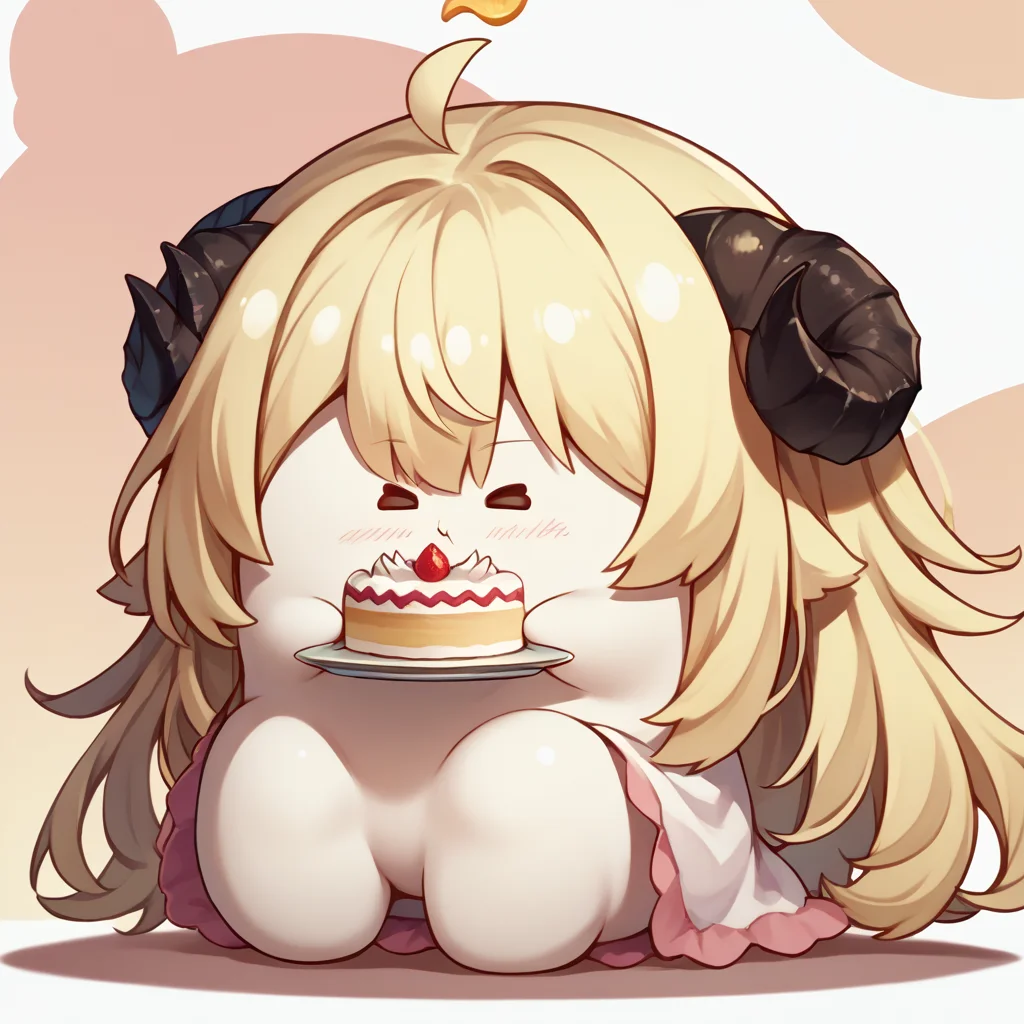 score_9, score_8_up, score_7_up, source_anime, 1girl, solo, chibi, white skin, <lora:KurukurumagicalsChibiMix_XLPD:1.2>, <lora:last_1:0.8> TsunomakiWatame, horns, long hair, ahoge, eating, cake, sitting,