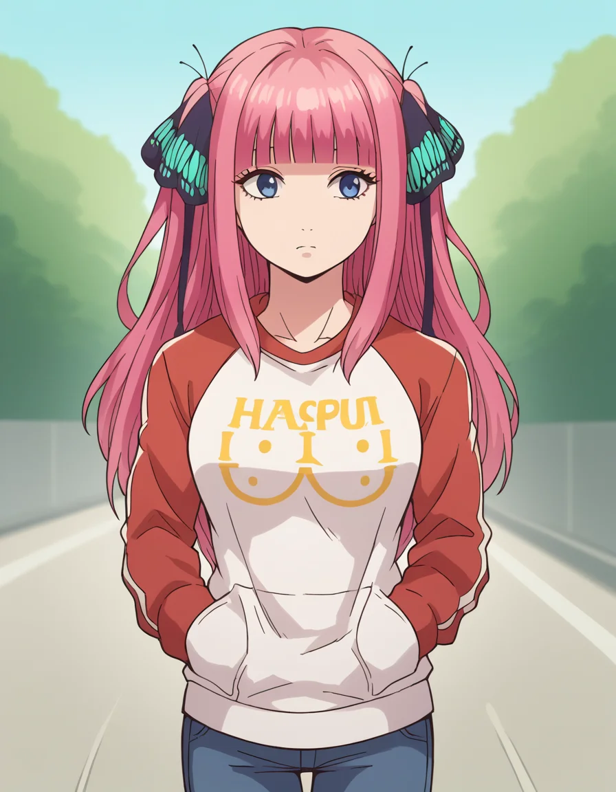 score_9, score_8_up, score_7_up, source_anime, <lora:nnakano-s1-ponyxl-lora-nochekaiser:1>, long hair, bangs, blue eyes, hair ornament, hair ribbon, pink hair, blunt bangs, two side up, butterfly hair ornament, mature female,, <lora:oppai-hoodie-ponyxl-lora-nochekaiser:1>, oppai hoodie, hoodie, raglan sleeves, clothes writting, hands in pocket,, outdoors, street,, cowboy shot, dutch angle, solo,