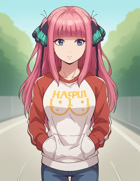 score_9, score_8_up, score_7_up, source_anime, <lora:nnakano-s1-ponyxl-lora-nochekaiser:1>, long hair, bangs, blue eyes, hair ornament, hair ribbon, pink hair, blunt bangs, two side up, butterfly hair ornament, mature female,, <lora:oppai-hoodie-ponyxl-lora-nochekaiser:1>, oppai hoodie, hoodie, raglan sleeves, clothes writting, hands in pocket,, outdoors, street,, cowboy shot, dutch angle, solo,