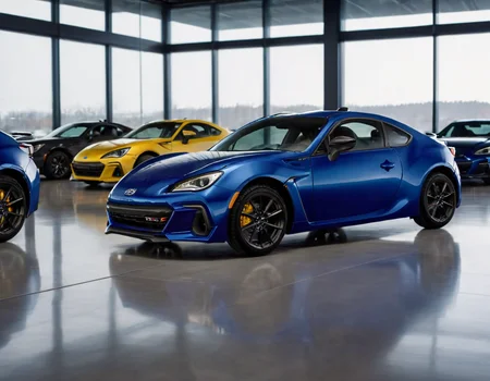 epic cinematic shot of dynamic portrait, a ((Sapphire blue)) Subaru-BRZ, yellow trade plates, in a car showroom, highly reflective black floor, huge window, side view in motion. main subject of high budget action movie. raw photo, motion blur. best quality, high resolution