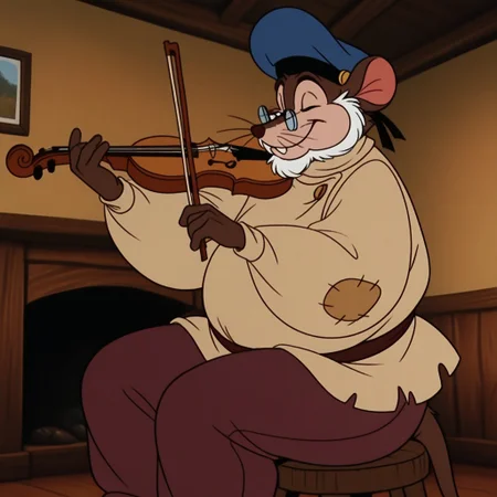 masterpiece, best quality, amazing quality, papam0us3, male, furry male, anthro, solo, mouse, brown fur, white beard, black eyes, brown nose, whiskers, buck teeth, tail, chubby, blue hat, glasses, tan shirt, button, patch, brown belt, brown pants, sitting on stool, playing violin, closed eyes, smile, closed mouth, indoors, living room