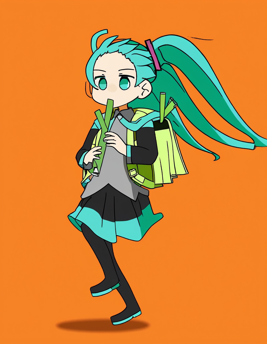 swsb-style, miku, playing leek, orange background
