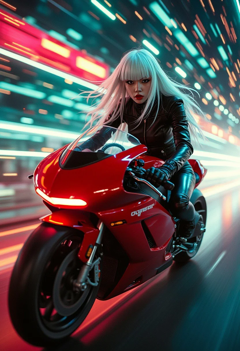 a striking Japanese goth woman with flowing platinum-blonde hair and sharp bangs, her dark eyeshadow and vivid red lips creating a fierce expression. She rides a long, dragster-style futuristic superbike inspired by Akira, its blood-red sports fairing slicing through the night. The bike blurs across a cyberpunk superhighway under a canopy of exploding neon lights. Extreme motion blur sweeps the background into streaks of pure color—bokeh circles, teal, magenta, and acid yellow. Lighting is harsh and saturated, capturing the energy of Otomo’s cyberpunk vision