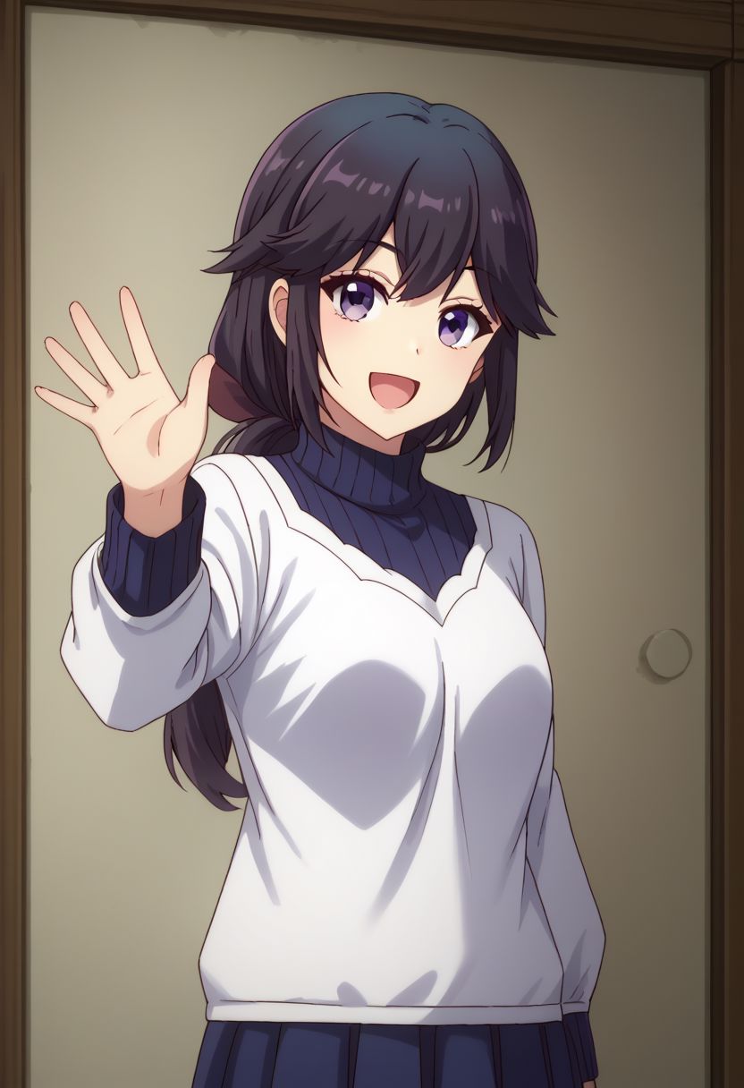 score_9, score_8_up, score_7_up, source_anime, highly detailed, 
seiko, 1girl, solo, skirt, smile, upper body, looking at viewer, black hair, long hair, ponytail, blue skirt, standing, short hair, purple eyes, long sleeves, sweater, pleated skirt, open mouth, waving,
indoor, japanese