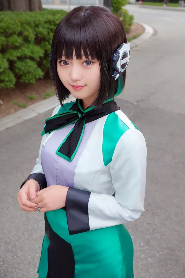 1girl, izu, izu_uniform, humagear, humagear_headset, headphone, realistic, skirt, solo, standing, best quality, photorealistic, masterpiece, 8k, high res, solo, (((woman))), (medium breast), ((looking at the viewer)), (looking at the camera), (short hair), bob hair, (professional lighting, bokeh),top angle view, extremely detailed face, fashionable and trendy atmosphere, japan, street, park, river, sakura, sakura blossom, ((daytime)), (portrait:0.6), seductive smile, gorgeous, floating hair, (light particles, lens flare, glowing particles:0.6), (dynamic pose:1.2), soft lighting, black hair, full body, smile, camera, greeting, blue eye, <lora:Izu:0.8>
