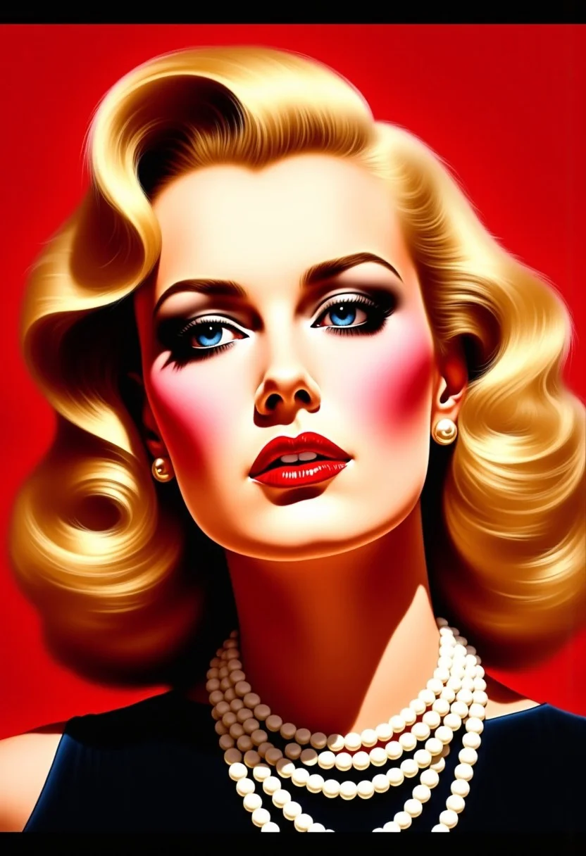 A classic movie star portrait of a striking, glamorous woman with vintage curls, pearls, and a sophisticated expression, set against a bold contrasting background, illustration in the style of BRSH