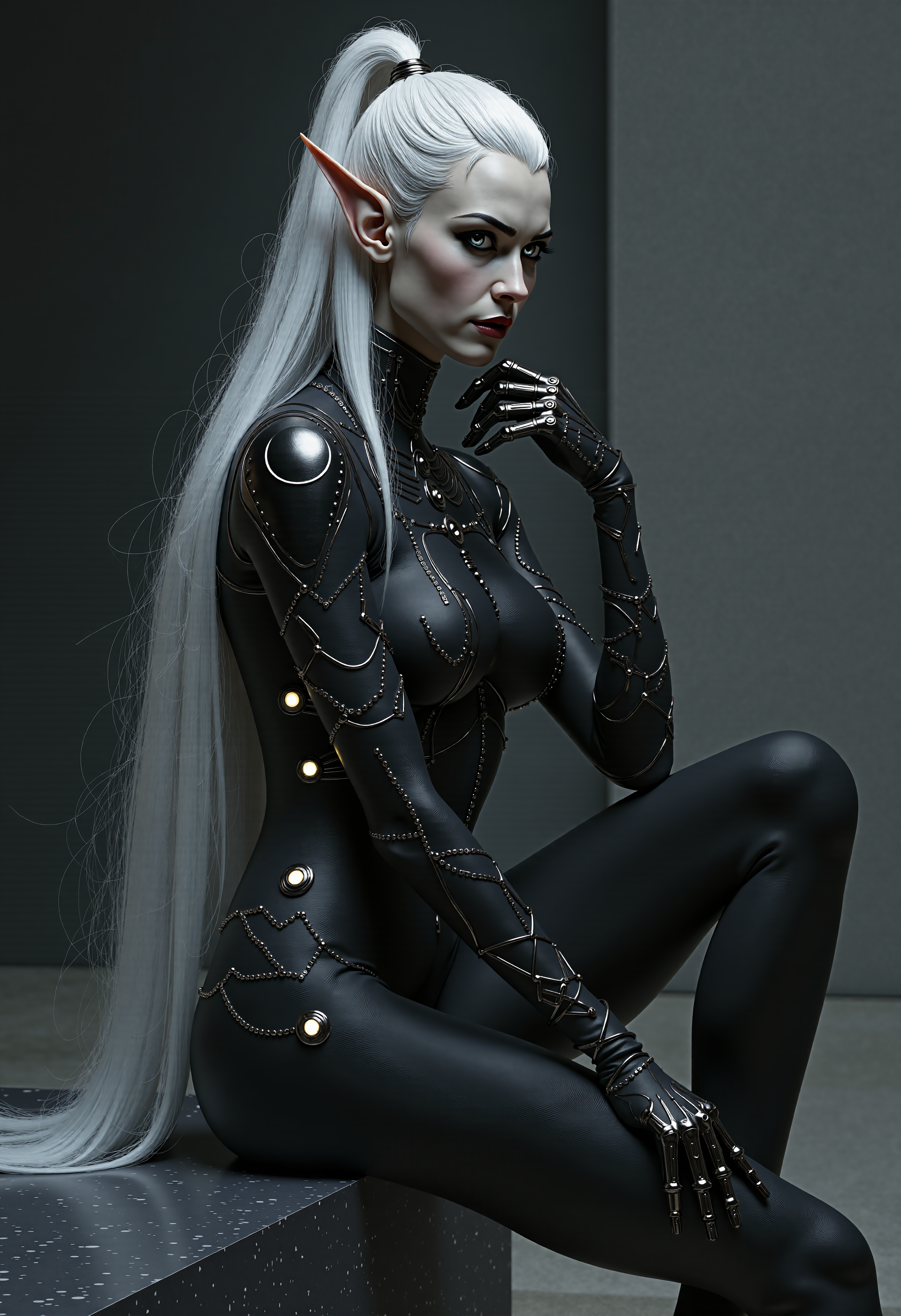 A dark elf female with elegant close-fitting pointed ears, carbon fibre and matte darkcoal skin, striking silver eyes, and long flowing white hair. 

She wears a form-fitting black bodysuit adorned with intricate silver circuit-like patterns and glowing orbs embedded at key points. 

She sits in a thoughtful pose with one hand supporting her face. Set against a minimalist misty dark background with subtle shadowy elements. 

Fantasy concept art, highly detailed digital painting, dramatic lighting highlighting the silver elements against the dark form, elegant and mystical atmosphere, dark fantasy aesthetics