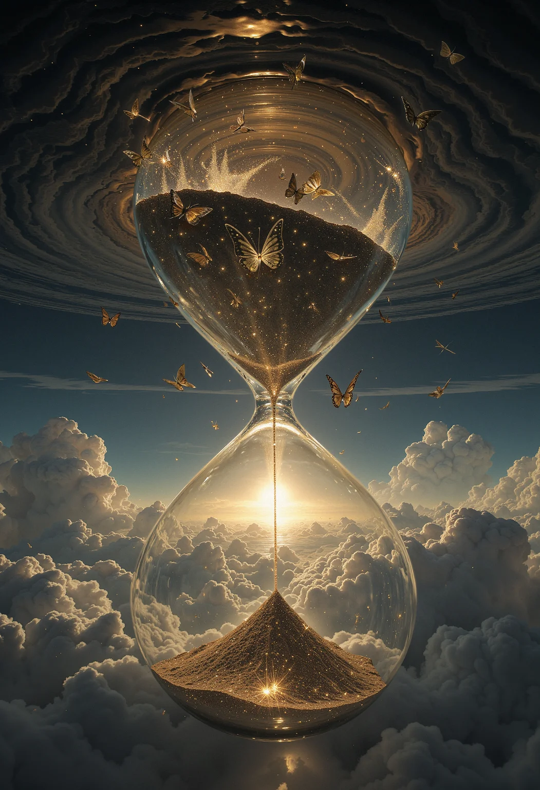 A surreal image of a floating, upside-down hourglass where the sand consists of shimmering metallic butterflies. As the sand flows upward, the butterflies flutter their wings, breaking apart into smaller particles of stardust. The hourglass floats in the center of a vast, liquid-like sky, with ripples of light radiating outward from the hourglass. The entire scene is bathed in ethereal light, with hints of glowing, molten gold swirling in the background. The perspective is slightly tilted, giving a disorienting yet mesmerizing effect. <lora:dark_fantasy_flux:0.83> <lora:FredFraiStyle-FLUX-Share:0.63> <lora:sxz-Dark-Fantasy-v2-Flux:0.33> drkfnts style, <lora:flux.1_lora_flyway_Epic-Characters_v1:0.43>
