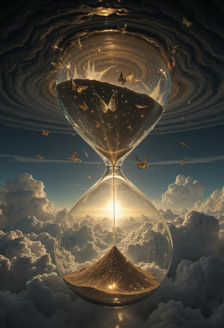 A surreal image of a floating, upside-down hourglass where the sand consists of shimmering metallic butterflies. As the sand flows upward, the butterflies flutter their wings, breaking apart into smaller particles of stardust. The hourglass floats in the center of a vast, liquid-like sky, with ripples of light radiating outward from the hourglass. The entire scene is bathed in ethereal light, with hints of glowing, molten gold swirling in the background. The perspective is slightly tilted, giving a disorienting yet mesmerizing effect.    <lora:dark_fantasy_flux:0.83> <lora:FredFraiStyle-FLUX-Share:0.63> <lora:sxz-Dark-Fantasy-v2-Flux:0.33> drkfnts style, <lora:flux.1_lora_flyway_Epic-Characters_v1:0.43>