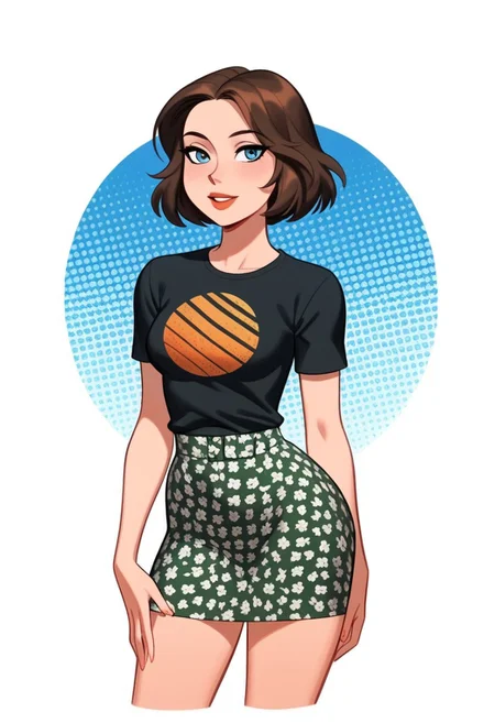 score_9, score_8_up, score_8_up, btimmsketch, (ass focus, cowboy Shot,:1.1) 
NatalieAMCM, 1girl, short hair, wavy hair, shoulder-length hair, brown hair, blue eyes, t-shirt, black shirt, printed shirt, orange print, sun symbol, sun print, floral skirt, green skirt, high-waist skirt, sexy legs, leggy,
Sexy pose, halftone effect, white borders, abstract background:1.2