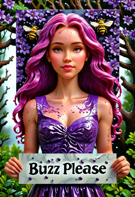 ((photorealistic)), ((1girl)),  score_9, score_8_up, score_7_up, score_6_up, score_5_up, 1girl, 25 years old, detail face, long dress, pretty dress, purple dress, long wavy hair, pink hair, pink wavy hair, wavy hair, wet hair, rain, perfect eyes, detailed skin, flower background, tree background, warrior princess, arrogant, aloof, (((holding a sign that says "BUZZ PLEASE", text: "BUZZ PLEASE"))), realistic skin, detailed skin