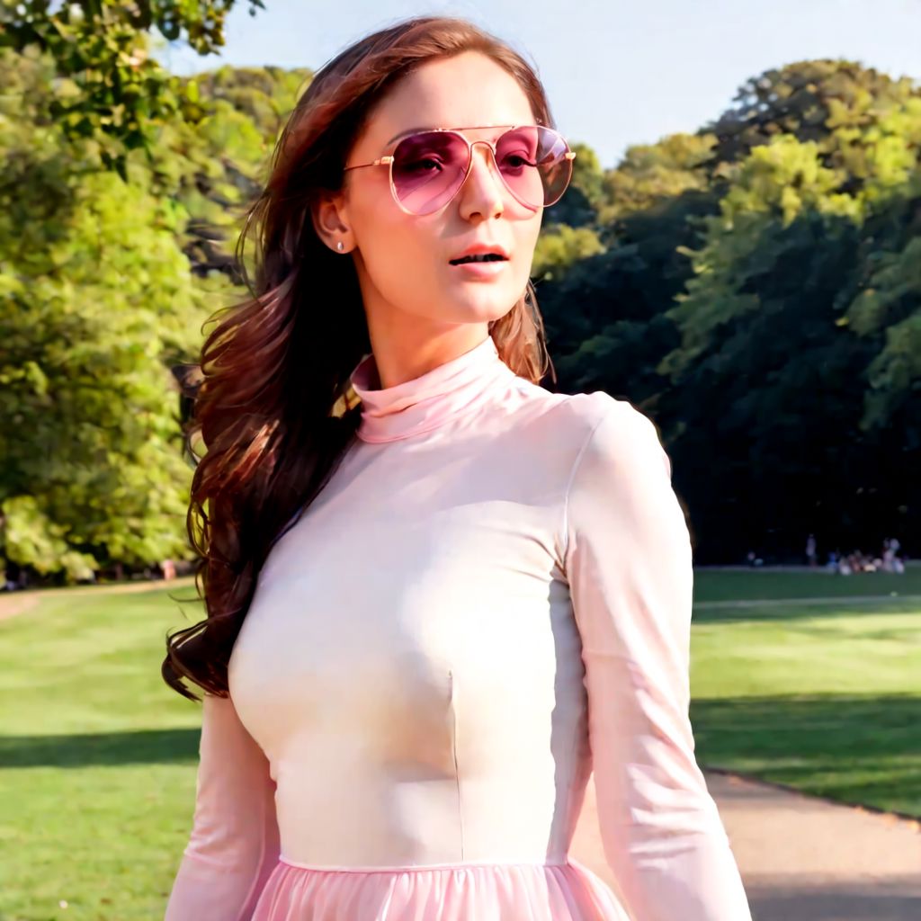 avigl45535, (pink transparent lens), sunglasses, handsome, young woman, beautiful, golden hour, brunette, charming, central park, cinemagraph, cowboy shot, white dress, fluttering, glow,