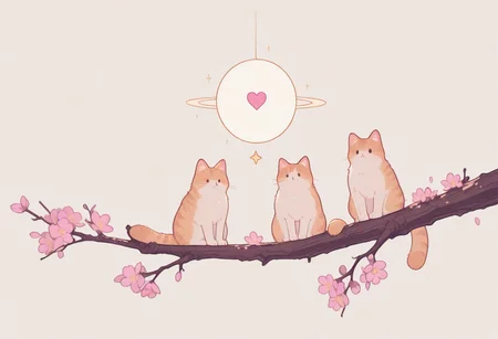 masterpiece, best quality, absurdres, cats sitting on a tree branch, facing each other in an intimate and harmonious pose. The left cat is black, while the right cat is white, creating a striking contrast. They are surrounded by delicate, blooming branches with small flowers, adding a serene and romantic atmosphere. The background is softly blurred, focusing the viewer's attention on the cats and their interaction. The lighting is soft, emphasizing the texture of their fur and the gentle ambiance of the scene. pink heart in front of them, white sphere in the background, h4ra_illu, momosp