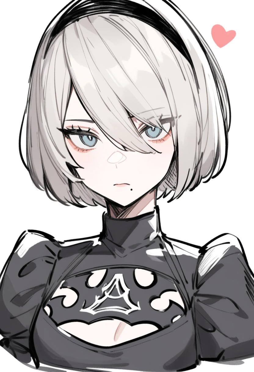 <lora:2b_a3:1>,, dress, black_dress, mole, white_background, upper_body, heart, simple_background, looking_at_viewer, breasts, 1girl, mole_under_mouth, expressionless, 2b_\(nier:automata\), sketch, small_breasts, solo