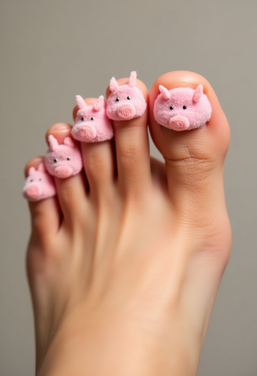 a woman's point of view showing a foot with pink toe spacers between her delicate toes. each toe is a little piglet hat with ears. the first little piggy went to market, the second little piggy stayed home, the third little piggy had roast beef, the fourth little piggy had none, the last little piggy cried wee wee wee all the way home <lora:Dever_Flux_Enhancer:0.5>