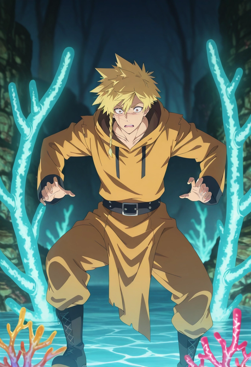 masterpiece, best quality, , anime screencap, , official style, , 1boy, solo, male focus, <lora:choubei_aza_ilxl:1>, choubei_aza, blonde hair, brown eyes, long hair, braid, spiked hair, scar, scar on face, , oceanic cavern, glowing coral, bioluminescent chambers, deep trenches, exploring pose, amazed expression, aqua glow, thief costume