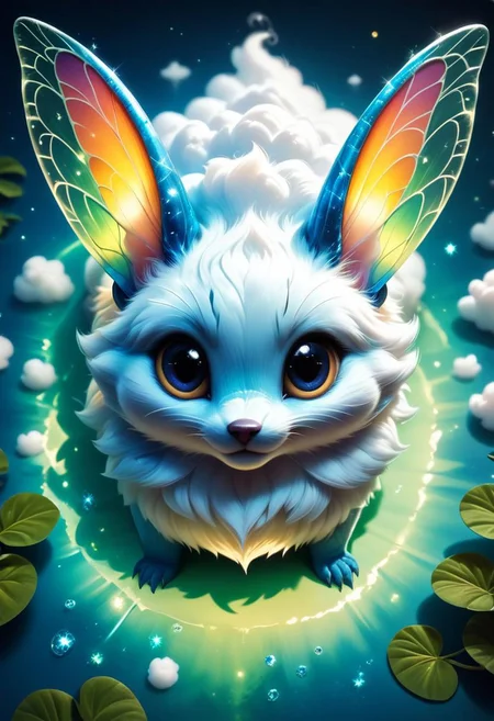 score_9, score_8_up, score_7_up, (cute furry water creature with large detailed eyes:1.3), Ethereal glow, Fairy tale, Abstract patterns, Smooth contours, Artistic abstraction, Verdant foliage, tropical backdrop, Magical realism, realistic detail, overalldetail, Masterpiece, absurdres, highres, flawless, high quality, the sky is bright and filled with fluffy white clouds, casting soft, natural light that enhances the vibrant colors and details of the scene, epic intricate detail, (from above:1.3)