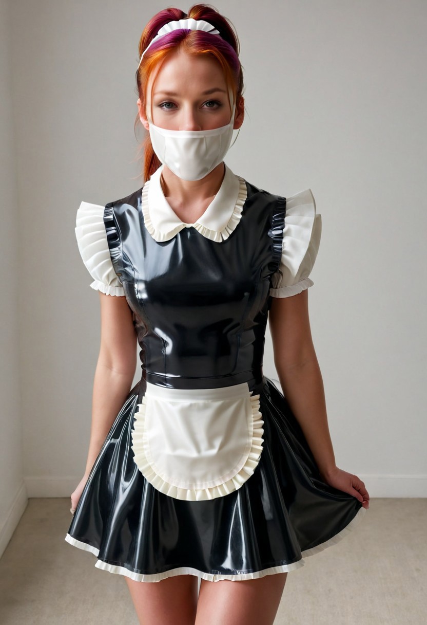 photo-realistic high resolution 1woman (full-length image, front view, Focus full body:1.4),  sharp details, small perky breasts, perfect face, nose holes:1.3, 
(wearing a very thick latex muzzle gag with nose holes, wearing gag, gagged, g4g:1.2), 
(very shiny translucent_rainbow_tinted latex pleated maid dress:1.4), (very translucent_white latex apron:1.2), 
perfect proportions, plain white room, light reddish-chestnut hair high ponytail, wide open hazel eyes,  sharp focus, realistic skin, black shiny ankle booties