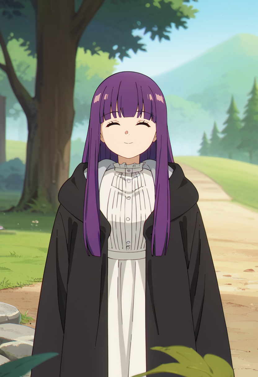 score_9, score_8_up, score_7_up,
<lora:SousouNoFrieren_FernXL:0.9>, FernSSnF,
1girl, solo, closed mouth, light smile,
purple hair, long hair, closed eyes, blunt bangs,
FernCasual,  white dress, black robe, open clothes, hood, frilled collar, 
standing, looking at the viewer,
fantasy, medieval, photo background, forest, tree, moss, stream, stone, leaf, maple tree, grass, nature, blurry background