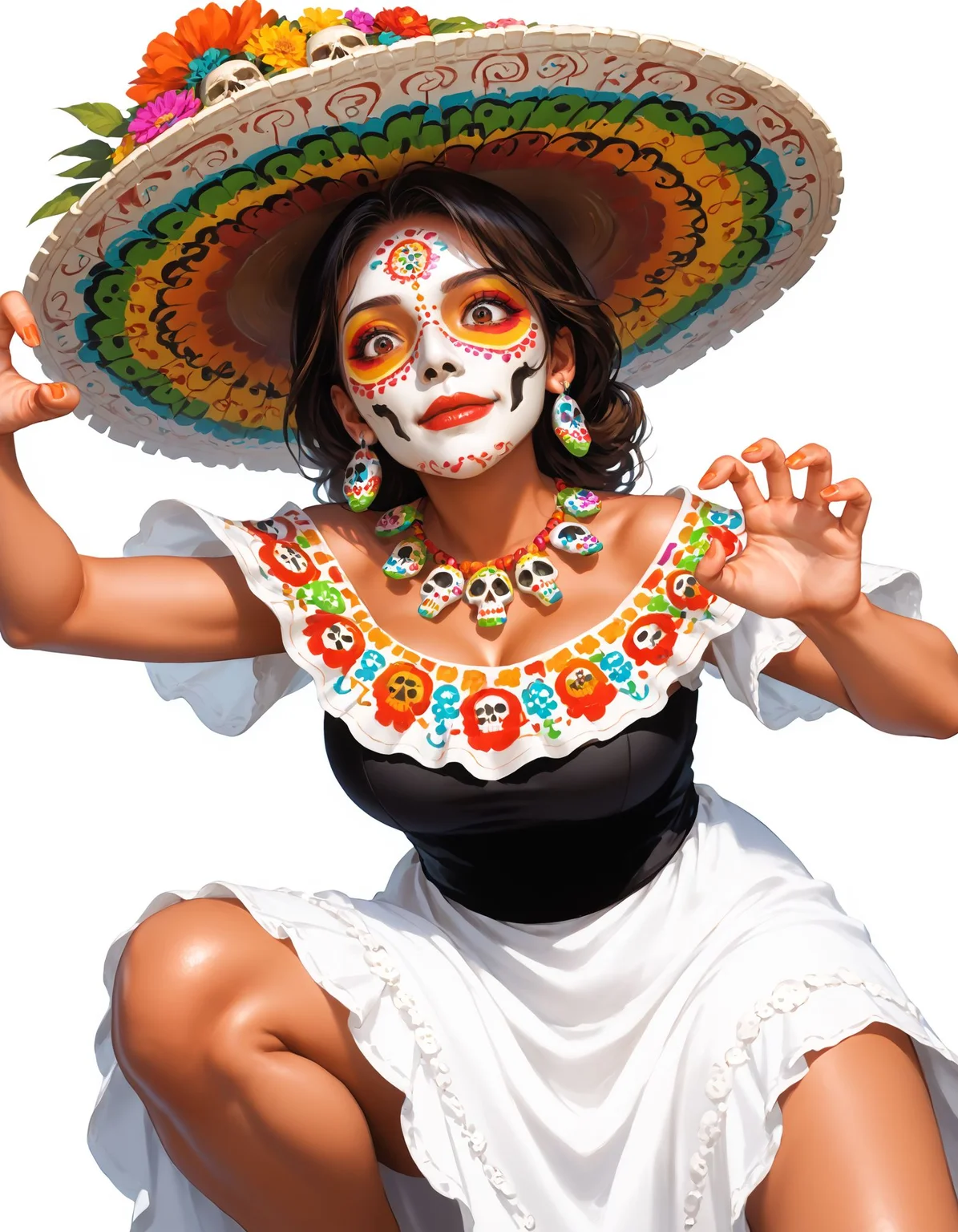 score_9, rating_safe, source_anime,  1girl, (white sugar skull facepaint:1.1), (dia de muertos:1.1), latina, brown skin, beautiful, woman, milf, holiday, vibrant colors, mexican, traditional, dress, (scare pose:1.3), close-up, dynamic angle, (bending forward:1.1), scaring viewer, from below, crouching, looking down
 <lora:add-detail-xl:1.1>