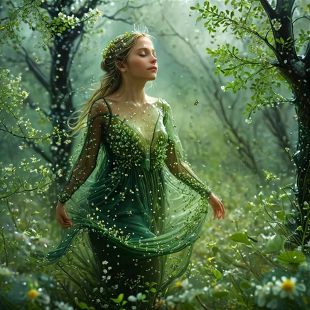 epiCRealism, (masterpiece, extremely detailed, highest quality),the queen of the forest is the most beautiful creature in the woods, cute, sensual, wears a see through dress made of tiny leaves, light, carefree, smile and happy, levitating just over the flowers in her glade among old oaks and willows, her hair flots behind her long and green full of small flowers, it is springtime and a storm has just finished leaving trillions of drops and the air is full of birds, bees, insects and a myriad of small seeds, the Sun shines glorious among the heavy stormy clouds sending its rays down to the glade like columns of light
