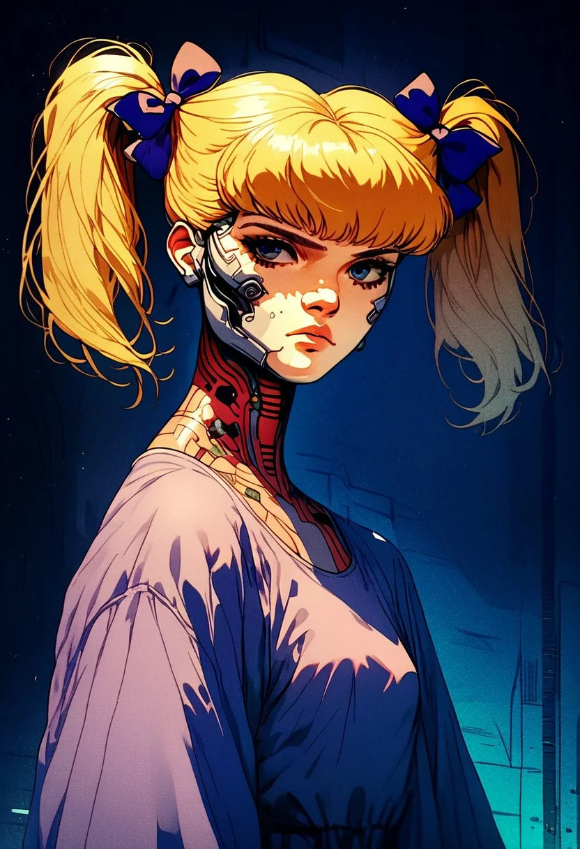 score_9, score_8, score_7, 1girl, solo, blonde hair, twintails, purple dress, hair bow, knva, halftone effect, cyberpunk, cyborg, adult woman,