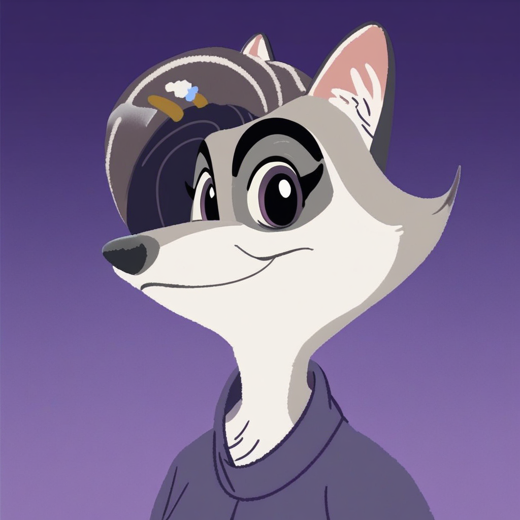 score_9,score_8,score_7, violet_wolf, violet_wolf_great_wolf_lodge, wolf girl, furry female, female, 1girl, solo, animal ears, purple eyes, furry, closed mouth, portrait, purple background, looking at viewer, gradient background, gradient, hair ornament, simple background, two-tone fur, :3, body fur, short hair, smile, wolf ears, fanart