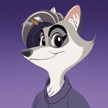 score_9,score_8,score_7, violet_wolf, violet_wolf_great_wolf_lodge, wolf girl, furry female, female, 1girl, solo, animal ears, purple eyes, furry, closed mouth, portrait, purple background, looking at viewer, gradient background, gradient, hair ornament, simple background, two-tone fur, :3, body fur, short hair, smile, wolf ears, fanart