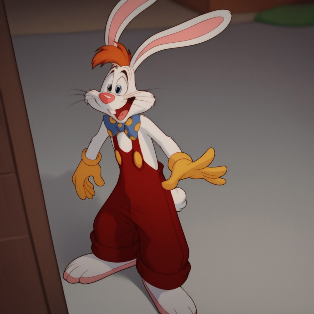 score_9, score_8_up, score_7_up, score_6_up, score_5_up, score_4_up, source_furry, Rogerrbbt, anthro, male, rabbit, rabbit ears, white fur, orange hair, red overalls, buck teeth, bowtie, yellow gloves, standing,