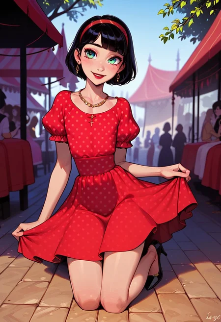 1boy, a femboy posing in an outdoor market,
 masterpiece, best quality, highly detailed, score_9, score_8_up, score_7_up, g4n1m3, source_cartoon, eye_focus, solo, full body,
 otoko no ko, 18 years old, (tiny breasts), (petite body), cute, pretty kawaii femboy, young, cute face, green eyes, (black hair), bob cut, red hairband, earrings, red lipstick, perfect figure, narrow waist, red polka dot dress, black high heels, gold necklace,
 Expressiveh, smiling, contrapposto, 
 outdoor market, dappled light, people in background, market stalls, trees,
 dynamic light, sunny scene, vibrant colors, warm_colors, soft focus, high contrast, textured surfaces, depth of field, dramatic shadows, rich details, warm color palette, cinematic composition,