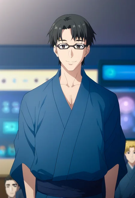 score_9, <lora:kikuoka_seijirou:1> kikuoka seijirou, 1boy, black eyes, black hair, blonde hair, blurry background, glasses, indoors, japanese clothes, kikuoka seijirou, kimono, male focus, short hair, smile, upper body