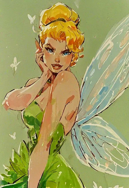 score_9, score_8_up, score_8, medium breasts, (curvy), in j_lee artstyle, 1girl, TinkerWaifu, smile, looking at viewer, fairy wings, blue eyes, green dress, sexy, hair bun, traditional media, hatching (texture)