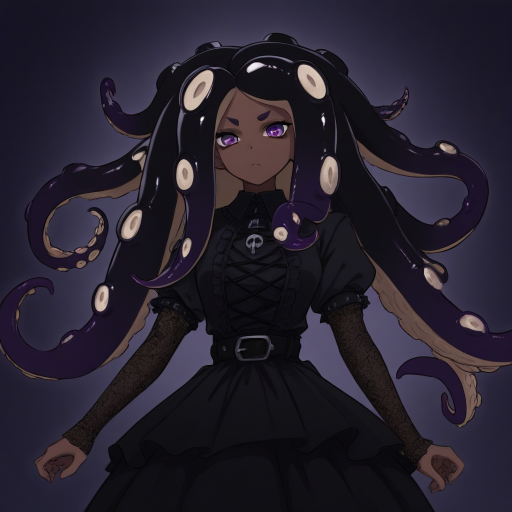 masterpiece, best quality, newest, absurdres, highres, anime, anime style, 1girl, dark skin, dark-skinned female, goth, goth girl, THV-1.0, Tentacle hair,