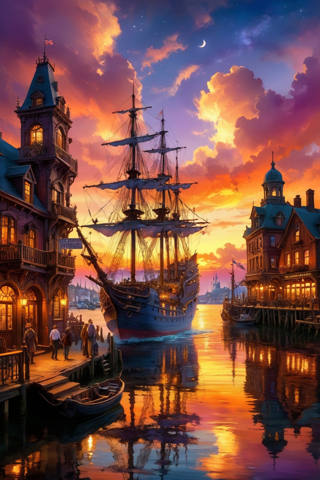 A detailed and realistic scene set in the Victorian era, showcasing a bustling harbor at sunset. The docks are lined with intricate Victorian-style ships, their masts and sails illuminated by the warm, golden hues of the setting sun. The town in the background is filled with Victorian architecture, including charming buildings and cobblestone streets, creating a picturesque and nostalgic atmosphere. The sky is painted with vibrant colors, blending oranges, pinks, and purples, enhancing the surreal and dreamy quality of the scene. The water reflects the beautiful sunset, adding a magical and almost ethereal glow to the entire setting. The environment is rich with textures and details, from the weathered wood of the ships to the intricate facades of the buildings, all contributing to a hyper-realistic yet fantastical feel.
<lora:ral-mtclniscp-sdxl:0.7> ral-mtclniscp,
<lora:add-detail-xl:1.0>,
<lora:EnvyBetterHiresFixXL01:1.0>,
<lora:extremely_detailed:1.0>, extremely detailed,
<lora:EldritchMixIllustration_1.1:0.25>,